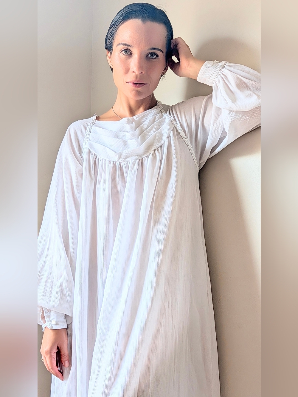 Le Voys White Long Sleeve Maxi Dress with Pleated Yoke - Picture 6 of 7